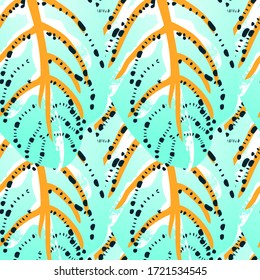 Tropical Leaf. Modern Motif. Jungle Print. Foliage Summer Seamless Pattern. Trending Greenery Vector Background. Artistic Botanical Surface. Abstract Plant Texture For Fashion. Contrast Brush Drawing.