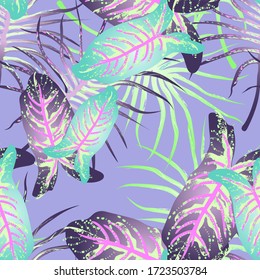 Tropical Leaf Modern Motif. Jungle Print. Foliage Summer Seamless Pattern. Trending Greenery Vector Background. Artistic Botanic Surface. Abstract Plant Texture For Fashion. Soft Pastel Brush Drawing.