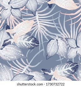 Tropical Leaf Modern Motif. Jungle Print. Foliage Summer Seamless Pattern. Trending Greenery Vector Background. Artistic Botanic Surface. Abstract Plant Texture For Fashion. Soft Pastel Brush Drawing.