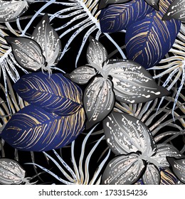 Tropical Leaf. Modern Motif. Jungle Print. Foliage Summer Seamless Pattern. Trending Greenery Vector Background. Artistic Botanical Surface. Abstract Plant Texture For Fashion. Dark Brush Drawing.