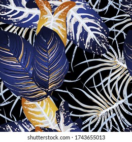 Tropical Leaf. Modern Motif. Jungle Print. Foliage Summer Seamless Pattern. Trending Greenery Vector Background. Artistic Botanical Surface. Abstract Plant Texture For Fashion. Dark Brush Drawing.
