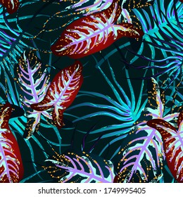 Tropical Leaf. Modern Motif. Jungle Print. Foliage Summer Seamless Pattern. Trending Greenery Vector Background. Artistic Botanical Surface. Abstract Plant Texture For Fashion. Contrast Brush Drawing.