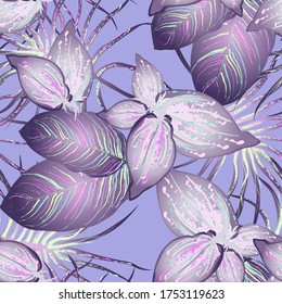 Tropical Leaf Modern Motif. Jungle Print. Foliage Summer Seamless Pattern. Trending Greenery Vector Background. Artistic Botanic Surface. Abstract Plant Texture For Fashion. Soft Pastel Brush Drawing.