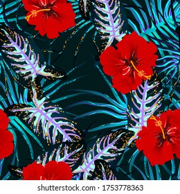 Tropical Leaf. Modern Motif. Jungle Print. Foliage Summer Seamless Pattern. Trending Greenery Vector Background. Artistic Botanical Surface. Abstract Plant Texture For Fashion. Contrast Brush Drawing.