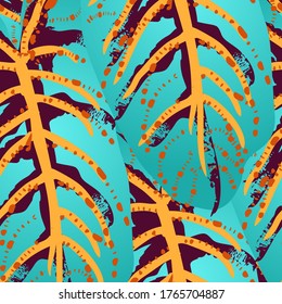 Tropical Leaf. Modern Motif. Jungle Print. Foliage Summer Seamless Pattern. Trending Greenery Vector Background. Artistic Botanical Surface. Abstract Plant Texture For Fashion. Contrast Brush Drawing.