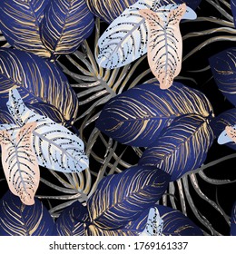 Tropical Leaf. Modern Motif. Jungle Print. Foliage Summer Seamless Pattern. Trending Greenery Vector Background. Artistic Botanical Surface. Abstract Plant Texture For Fashion. Dark Brush Drawing.