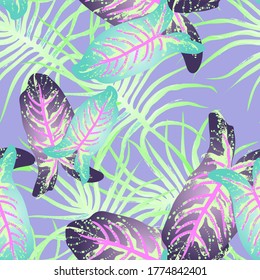Tropical Leaf Modern Motif. Jungle Print. Foliage Summer Seamless Pattern. Trending Greenery Vector Background. Artistic Botanic Surface. Abstract Plant Texture For Fashion. Soft Pastel Brush Drawing.