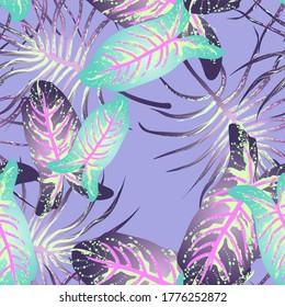 Tropical Leaf Modern Motif. Jungle Print. Foliage Summer Seamless Pattern. Trending Greenery Vector Background. Artistic Botanic Surface. Abstract Plant Texture For Fashion. Soft Pastel Brush Drawing.