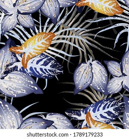 Tropical Leaf. Modern Motif. Jungle Print. Foliage Summer Seamless Pattern. Trending Greenery Vector Background. Artistic Botanical Surface. Abstract Plant Texture For Fashion. Dark Brush Drawing.