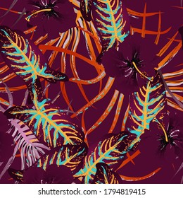Tropical Leaf. Modern Motif. Jungle Print. Foliage Summer Seamless Pattern. Trending Greenery Vector Background. Artistic Botanical Surface. Abstract Plant Texture For Fashion. Contrast Brush Drawing.
