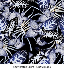 Tropical Leaf. Modern Motif. Jungle Print. Foliage Summer Seamless Pattern. Trending Greenery Vector Background. Artistic Botanical Surface. Abstract Plant Texture For Fashion. Dark Brush Drawing.
