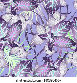 Tropical Leaf Modern Motif. Jungle Print. Foliage Summer Seamless Pattern. Trending Greenery Vector Background. Artistic Botanic Surface. Abstract Plant Texture For Fashion. Soft Pastel Brush Drawing.