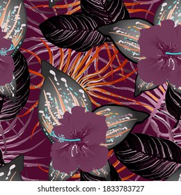 Tropical Leaf. Modern Motif. Jungle Print. Foliage Summer Seamless Pattern. Trending Greenery Vector Background. Artistic Botanical Surface. Abstract Plant Texture For Fashion. Contrast Brush Drawing.