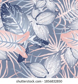 Tropical Leaf Modern Motif. Jungle Print. Foliage Summer Seamless Pattern. Trending Greenery Vector Background. Artistic Botanic Surface. Abstract Plant Texture For Fashion. Soft Pastel Brush Drawing.