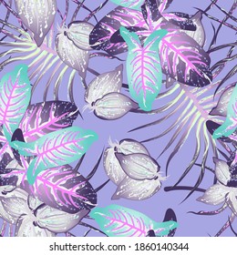 Tropical Leaf Modern Motif. Jungle Print. Foliage Summer Seamless Pattern. Trending Greenery Vector Background. Artistic Botanic Surface. Abstract Plant Texture For Fashion. Soft Pastel Brush Drawing.