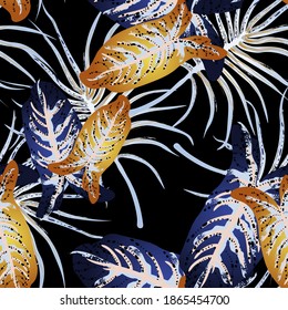 Tropical Leaf. Modern Motif. Jungle Print. Foliage Summer Seamless Pattern. Trending Greenery Vector Background. Artistic Botanical Surface. Abstract Plant Texture For Fashion. Dark Brush Drawing.