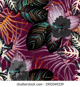 Tropical Leaf. Modern Motif. Jungle Print. Foliage Summer Seamless Pattern. Trending Greenery Vector Background. Artistic Botanical Surface. Abstract Plant Texture For Fashion. Contrast Brush Drawing.