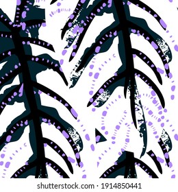 Tropical Leaf. Modern Motif. Jungle Print. Foliage Summer Seamless Pattern. Trending Greenery Vector Background. Artistic Botanical Surface. Abstract Plant Texture For Fashion. Contrast Brush Drawing.