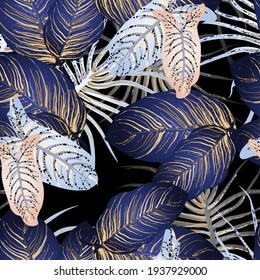 Tropical Leaf. Modern Motif. Jungle Print. Foliage Summer Seamless Pattern. Trending Greenery Vector Background. Artistic Botanical Surface. Abstract Plant Texture For Fashion. Dark Brush Drawing.