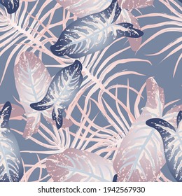Tropical Leaf Modern Motif. Jungle Print. Foliage Summer Seamless Pattern. Trending Greenery Vector Background. Artistic Botanic Surface. Abstract Plant Texture For Fashion. Soft Pastel Brush Drawing.