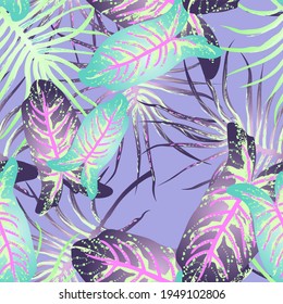 Tropical Leaf Modern Motif. Jungle Print. Foliage Summer Seamless Pattern. Trending Greenery Vector Background. Artistic Botanic Surface. Abstract Plant Texture For Fashion. Soft Pastel Brush Drawing.