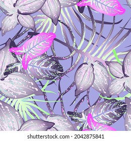 Tropical Leaf Modern Motif. Jungle Print. Foliage Summer Seamless Pattern. Trending Greenery Vector Background. Artistic Botanic Surface. Abstract Plant Texture For Fashion. Soft Pastel Brush Drawing.