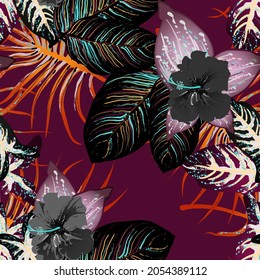 Tropical Leaf. Modern Motif. Jungle Print. Foliage Summer Seamless Pattern. Trending Greenery Vector Background. Artistic Botanical Surface. Abstract Plant Texture For Fashion. Contrast Brush Drawing.