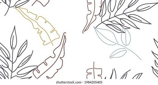 Tropical Leaf. Modern Motif. Pastel One Line Drawing. Jungle Print. Foliage Summer Seamless Pattern. Trending Greenery Vector Background. Artistic Botanical Surface. Abstract Plant Texture For Fashion
