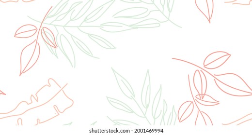 Tropical Leaf. Modern Motif. Pastel One Line Drawing. Jungle Print. Foliage Summer Seamless Pattern. Trending Greenery Vector Background. Artistic Botanical Surface. Abstract Plant Texture For Fashion