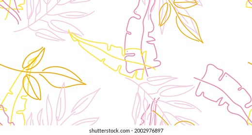 Tropical Leaf. Modern Motif. Pastel One Line Drawing. Jungle Print. Foliage Summer Seamless Pattern. Trending Greenery Vector Background. Artistic Botanical Surface. Abstract Plant Texture For Fashion