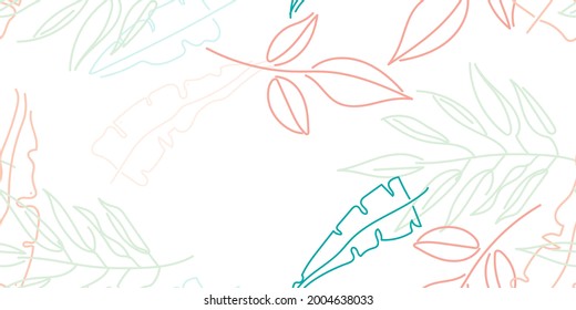 Tropical Leaf. Modern Motif. Pastel One Line Drawing. Jungle Print. Foliage Summer Seamless Pattern. Trending Greenery Vector Background. Artistic Botanical Surface. Abstract Plant Texture For Fashion