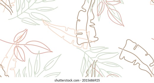Tropical Leaf. Modern Motif. Pastel One Line Drawing. Jungle Print. Foliage Summer Seamless Pattern. Trending Greenery Vector Background. Artistic Botanical Surface. Abstract Plant Texture For Fashion