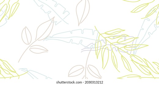 Tropical Leaf. Modern Motif. Pastel One Line Drawing. Jungle Print. Foliage Summer Seamless Pattern. Trending Greenery Vector Background. Artistic Botanical Surface. Abstract Plant Texture For Fashion