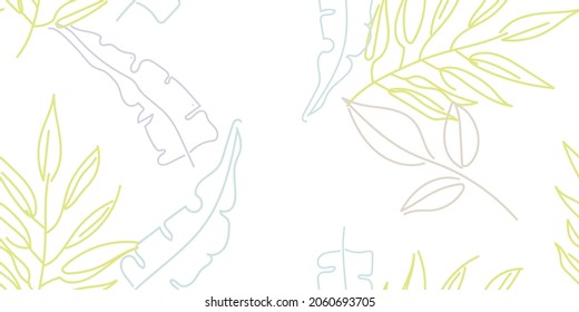 Tropical Leaf. Modern Motif. Pastel One Line Drawing. Jungle Print. Foliage Summer Seamless Pattern. Trending Greenery Vector Background. Artistic Botanical Surface. Abstract Plant Texture For Fashion