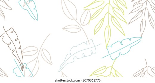 Tropical Leaf. Modern Motif. Pastel One Line Drawing. Jungle Print. Foliage Summer Seamless Pattern. Trending Greenery Vector Background. Artistic Botanical Surface. Abstract Plant Texture For Fashion