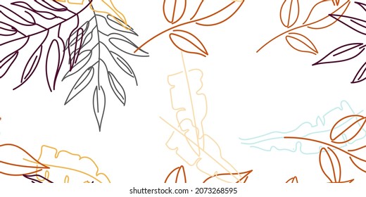 Tropical Leaf. Modern Motif. Pastel One Line Drawing. Jungle Print. Foliage Summer Seamless Pattern. Trending Greenery Vector Background. Artistic Botanical Surface. Abstract Plant Texture For Fashion