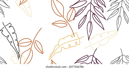 Tropical Leaf. Modern Motif. Pastel One Line Drawing. Jungle Print. Foliage Summer Seamless Pattern. Trending Greenery Vector Background. Artistic Botanical Surface. Abstract Plant Texture For Fashion