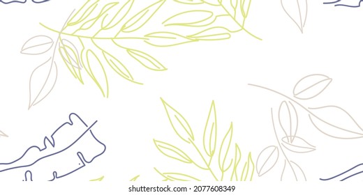 Tropical Leaf. Modern Motif. Pastel One Line Drawing. Jungle Print. Foliage Summer Seamless Pattern. Trending Greenery Vector Background. Artistic Botanical Surface. Abstract Plant Texture For Fashion