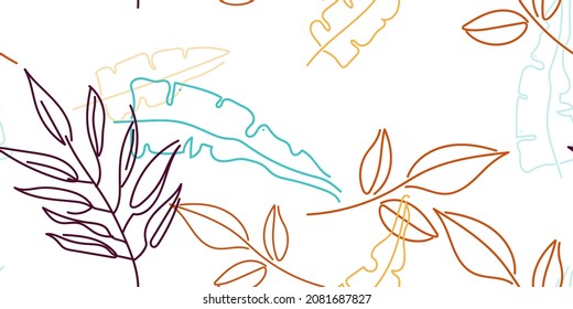 Tropical Leaf. Modern Motif. Pastel One Line Drawing. Jungle Print. Foliage Summer Seamless Pattern. Trending Greenery Vector Background. Artistic Botanical Surface. Abstract Plant Texture For Fashion