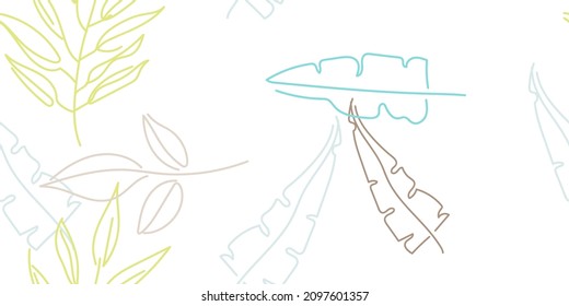 Tropical Leaf. Modern Motif. Pastel One Line Drawing. Jungle Print. Foliage Summer Seamless Pattern. Trending Greenery Vector Background. Artistic Botanical Surface. Abstract Plant Texture For Fashion