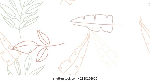 Tropical Leaf. Modern Motif. Pastel One Line Drawing. Jungle Print. Foliage Summer Seamless Pattern. Trending Greenery Vector Background. Artistic Botanical Surface. Abstract Plant Texture For Fashion