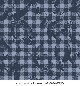 Tropical leaf on lumberjack buffalo check seamless pattern background