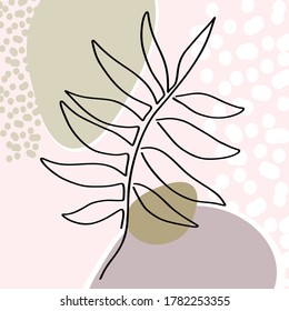 Tropisches Blatt aus einer Linie. Elegante Rahmenzeichnung. Moderne abstrakte, florale Kunst und Formen einzeln auf weißem Hintergrund. Pastellfarbenpalette kombiniert mit schwarzen Grafiken. Vektorgrafik.