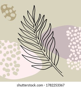 Tropical leaf one line art. Elegant outline drawing. Modern abstract floral art and colored shapes. Pastel color palette is combined with black graphics. Vector illustration.