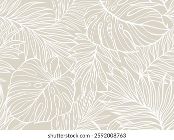 Tropical Leaf Outline Pattern Design in Neutral Tones for Decorative Projects and Backgrounds