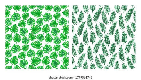 Tropical leaf pattern collection. Set of tropic palm tree leaves seamless patterns. Exotic tropical bundle of backgrounds with palm foliage. Vector illustration for print, textile, packaging.