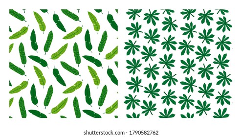 Tropical leaf pattern collection. Set of tropic palm tree leaves seamless patterns. Exotic tropical bundle of backgrounds with palm foliage. Vector illustration for print, textile, packaging.