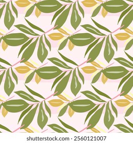 Tropical leaf pattern with green and yellow foliage on a pink background. Design for fabric, wrapping paper, fashion, interior, cover. Botanical vector illustration
