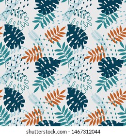 Tropical Leaf Pattern. Hand Drawn Palm and Monstera Leaf Pattern.