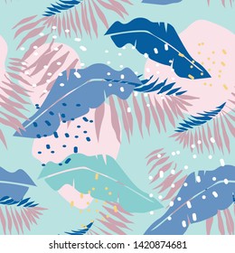 tropical leaf pattern hand-drawn in pastel colors